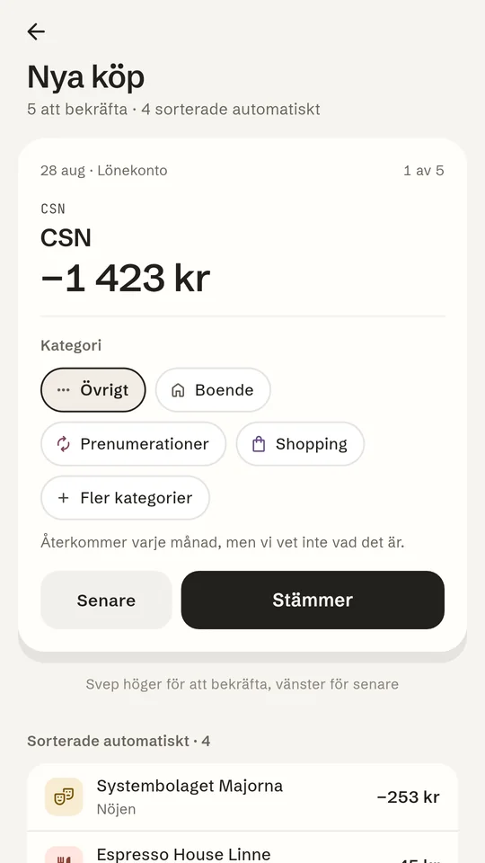 A purchase to confirm, with suggested categories.