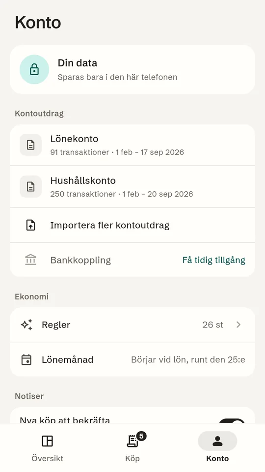The account page shows that data is stored only on this phone.